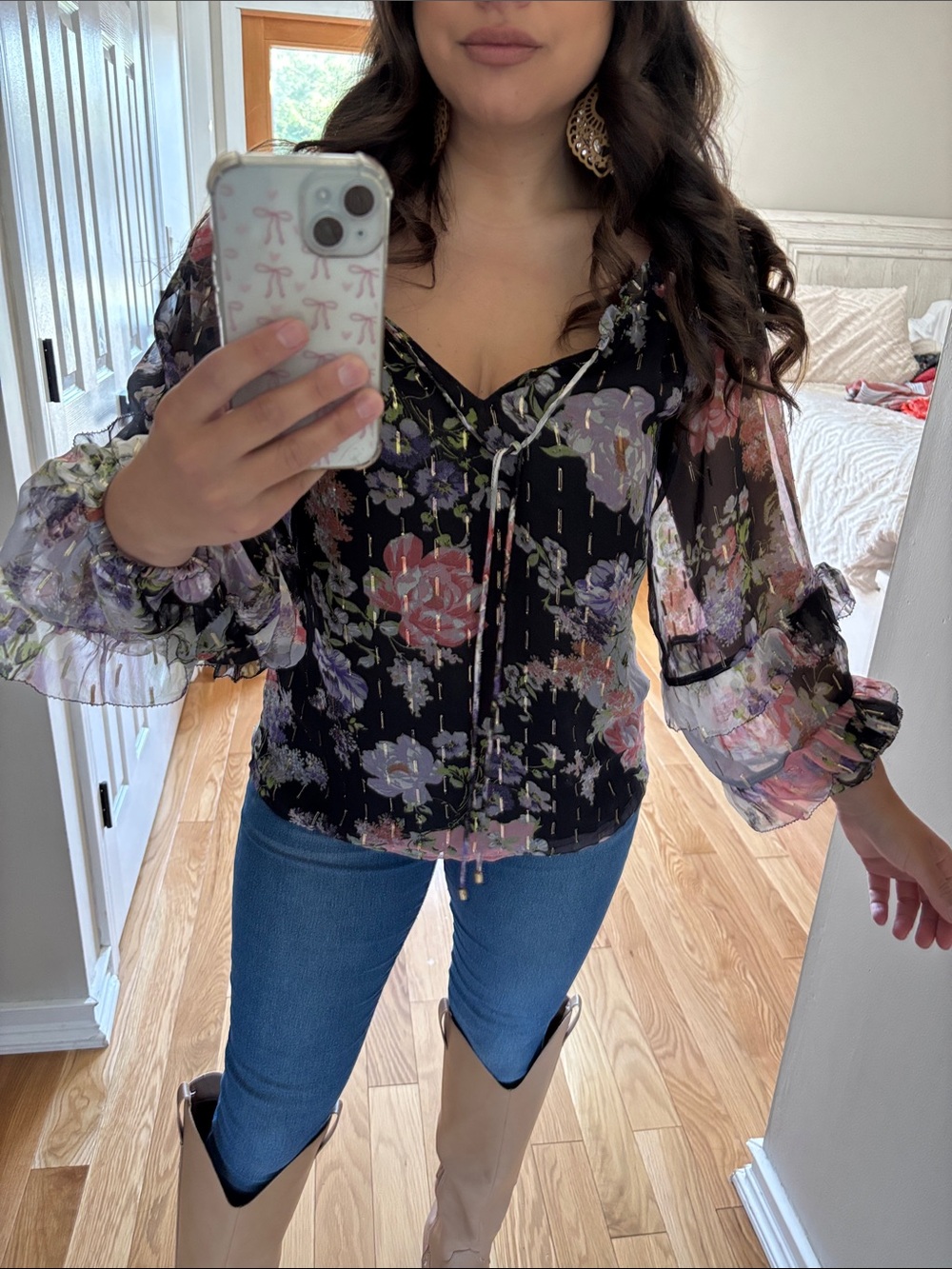 Balloon sleeve floral boho top
